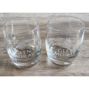 Set Of 2 Glen Moray Scotch Whisky Glasses Barrel Shape Heavy Bottom Etched Rocks